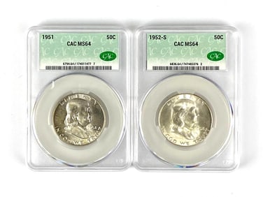 Group of 2 Benjamin Franklin Silver Half Dollars CAC Graded