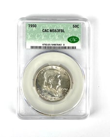 1950 Benjamin Franklin Silver Half Dollar CAC Graded MS63FBL