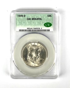 1949 D Benjamin Franklin Silver Half Dollar CAC Graded MS64FBL