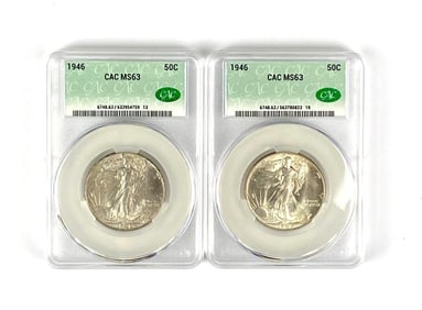 Group of 2 1946 US Walking Liberty Silver Half Dollars CAC Graded MS63