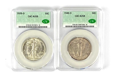 Group of 2 US Walking Liberty Silver Half Dollars  CAC Graded AU58