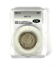 1907 D Silver Barber Half Dollar CAC Graded F12