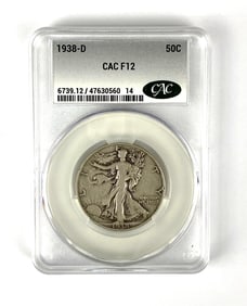 1938 D Walking Liberty Half Dollar CAC Graded F12