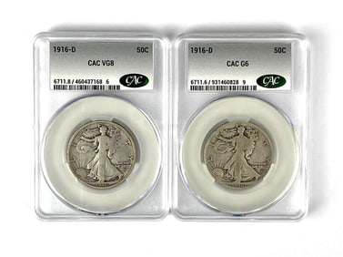 Group of 2 1916 D Walking Liberty Half Dollars CAC Graded