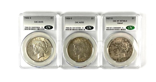 Group of 3 US $1 Peace Silver Dollars CAC Graded