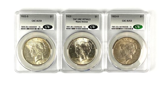 Group of 3 US $1 Peace Silver Dollars CAC Graded