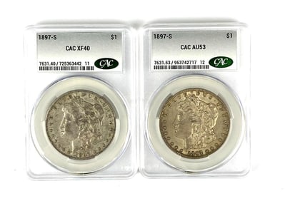 Group of 2 1897 S Us Morgan Silver Dollars CAC Graded