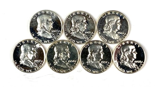 Group of 7 US Benjamin Franklin Silver Proof Half Dollars