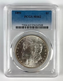 PCGS Graded 1891 US $1 Morgan Silver Dollar MS62