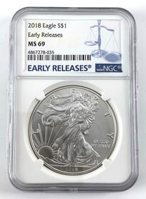 NGC Graded 2018 US $1 American Silver Eagle MS69