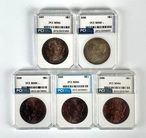 Group of 5 PCI Graded 1887-1890 US $1 Morgan Silver Dollars