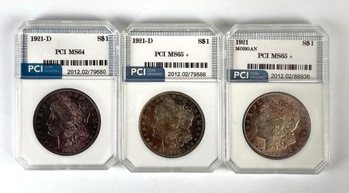 Group of 3 PCI Graded 1921 US $1 Morgan Silver Dollars