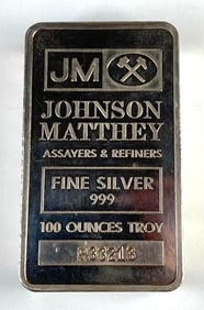 Johnson Matthey Assayers & Refiners 100 oz .999 Fine Silver Ingot/Bar