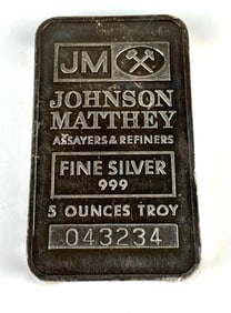 Johnson Matthey Assayers & Refiners 5 oz .999 Fine Silver Ingot/Bar