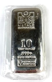 Republic Metals Corporation 10 oz .999 Fine Silver Ingot/Bar