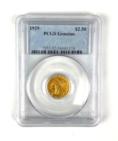 1929 US Indian Head $2.50 Gold Coin PCGS Graded Genuine