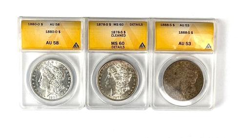 Group of 3 Morgan Silver Dollars ANACS Graded