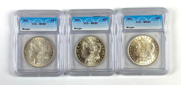 Group of 3 ICG Graded 1921 US Morgan Silver Dollars MS65