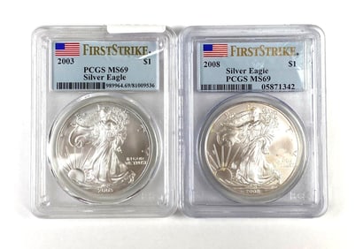 Group of 2 PCGS Graded US Silver Eagle Dollar MS69