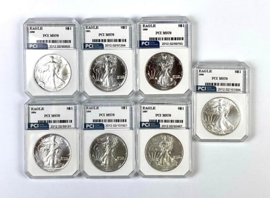 Group of 7 PCI Graded US Silver Eagle Dollar MS70