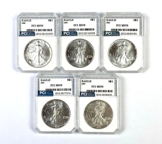 Group of 5 PCI Graded US Silver Eagle Dollar MS70
