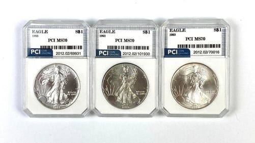 Group of 3 PCI Graded 1993 US Silver Eagle Dollar MS70