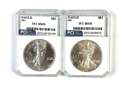 Group of 2 PCI Graded US Silver Eagle Dollar MS70
