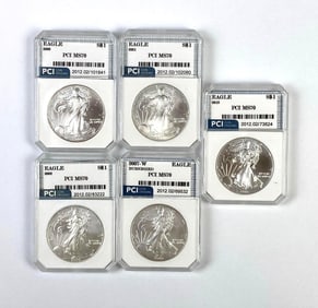 Group of 5 PCI Graded US Silver Eagle Dollar MS70