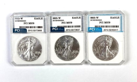 Group of 3 PCI Graded 2023 W US Silver Eagle Dollar MS70