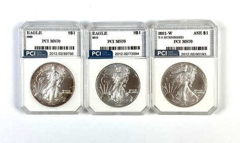 Group of 3 PCI Graded US Silver Eagle Dollar MS70