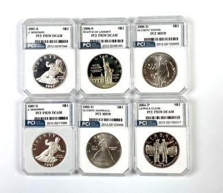 Group of 6 PCI Graded Commemorative US Silver Dollars