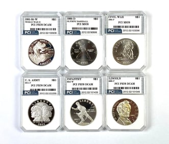 Group of 6 PCI Graded Commemorative US Silver Dollars