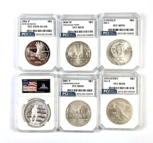 Group of 6 PCI Graded Commemorative US Silver Dollars and More