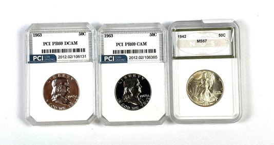Group of 3 PCI Graded US Franklin Silver Half Dollars and more