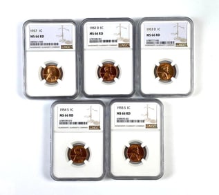 Group of 5 NGC Graded US Pennies MS66 RD