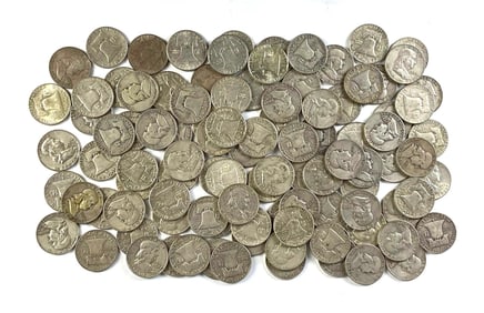 Group of 100 US Franklin Silver Half Dollars