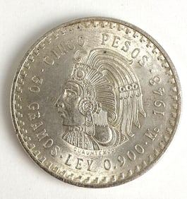 1948 Mexican 5 Pesos Cuauht?moc 30 Grams .900 Silver Coin
