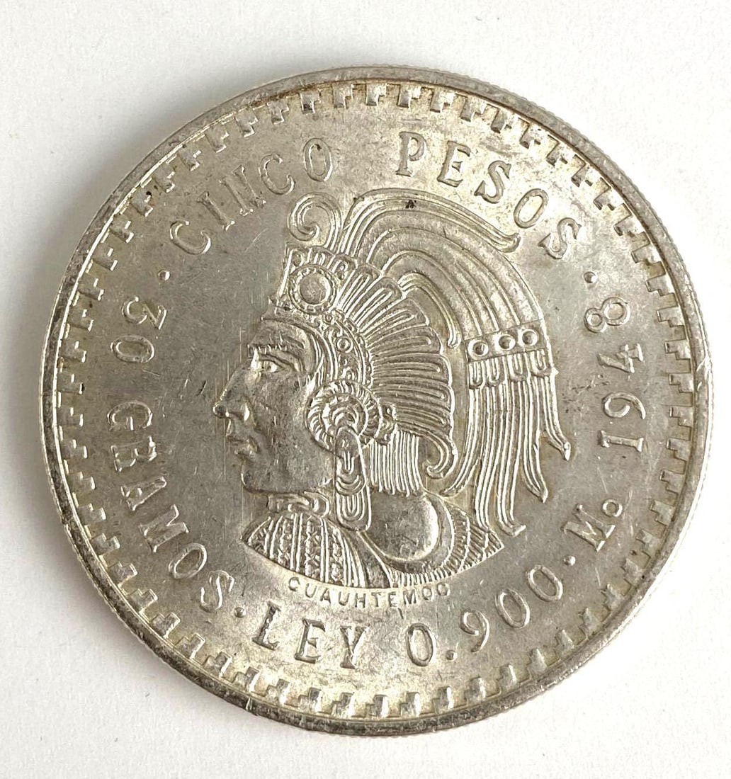 1948 Mexican 5 Pesos Cuauht?moc 30 Grams .900 Silver Coin: 1948 Mexican 5 Pesos Cuauhtmoc 30 Grams .900 Silver Coin