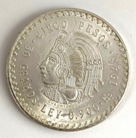 1948 Mexican 5 Pesos Cuauht?moc 30 Grams .900 Silver Coin