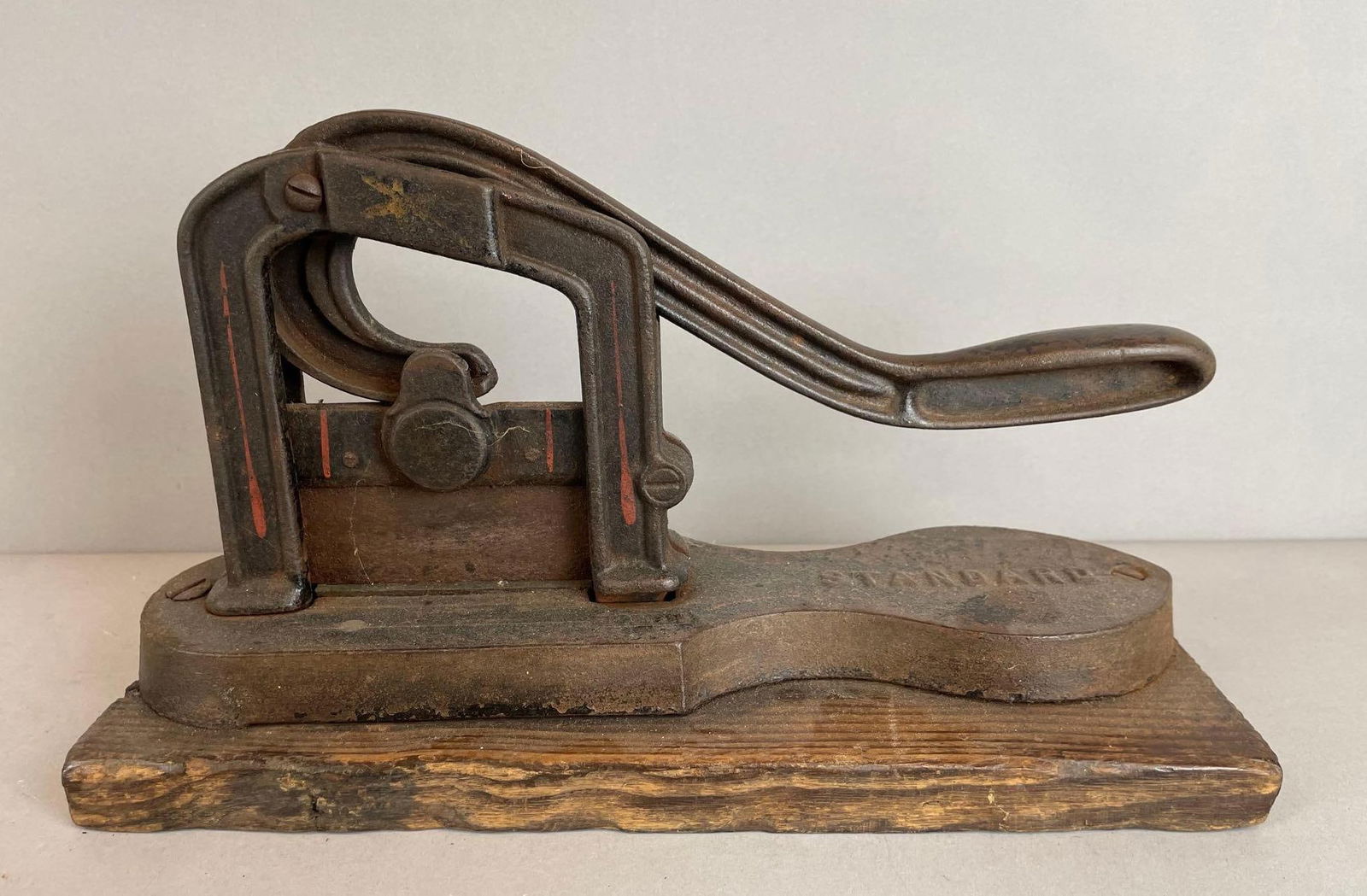 Antique Standard Cast Iron Tobacco Cutter: Measures H 7 1/2" x W 12 1/2" x D 5 1/4" with board