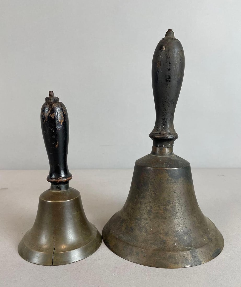 Group of 2 Vintage Hand Bells: Smaller cracked, larger measures 8 1/2" x 5"