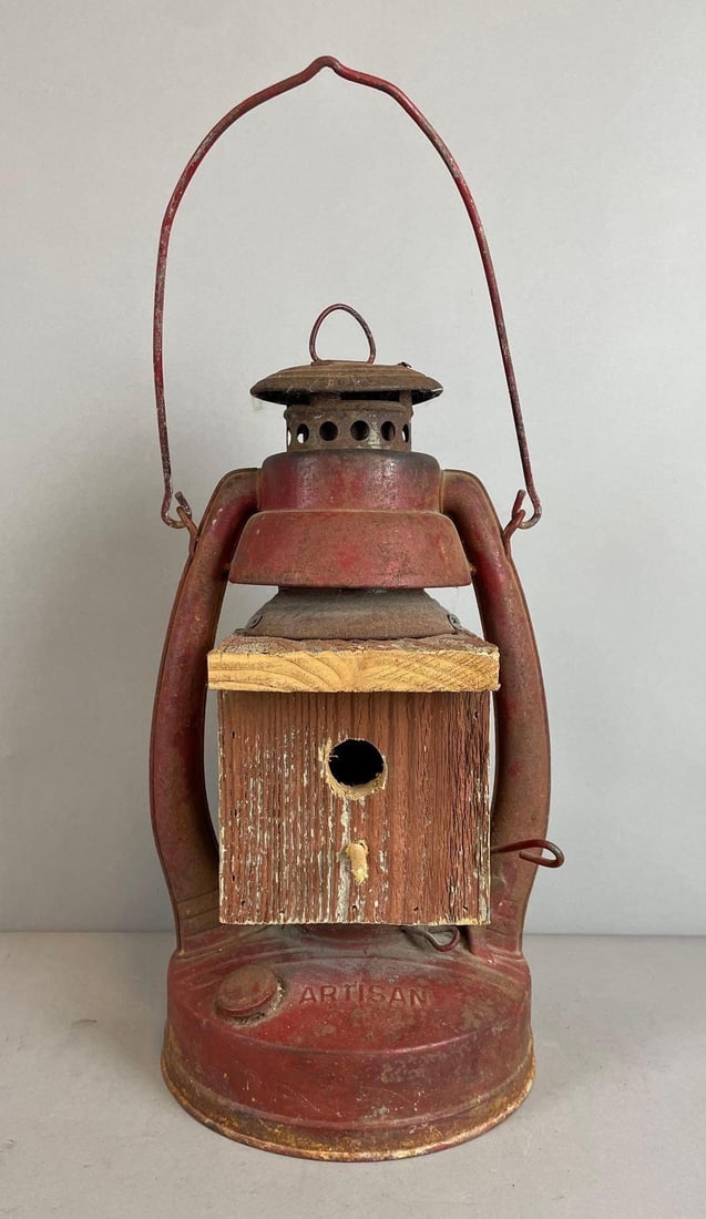 Vintage Kerosene Lantern Folk Art Birdhouse: Measures H 14 1/4" x W 80 x D 8"