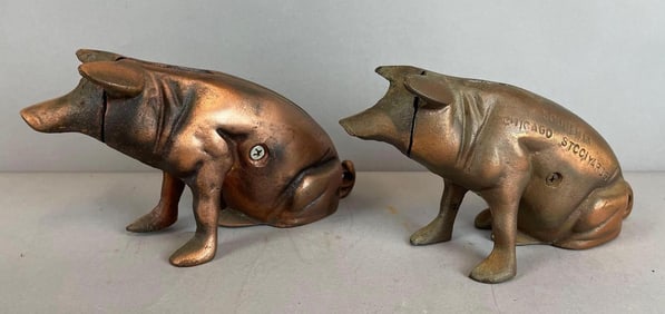 Group of 2 Vintage Brass Chicago Stockyards Souvenir Pig Banks