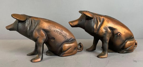 Group of 2 Vintage Brass Chicago Stockyards Souvenir Pig Banks