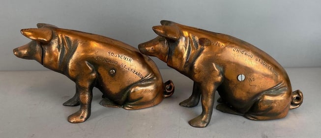 Group of 2 Vintage Brass Chicago Stockyards Souvenir Pig Banks