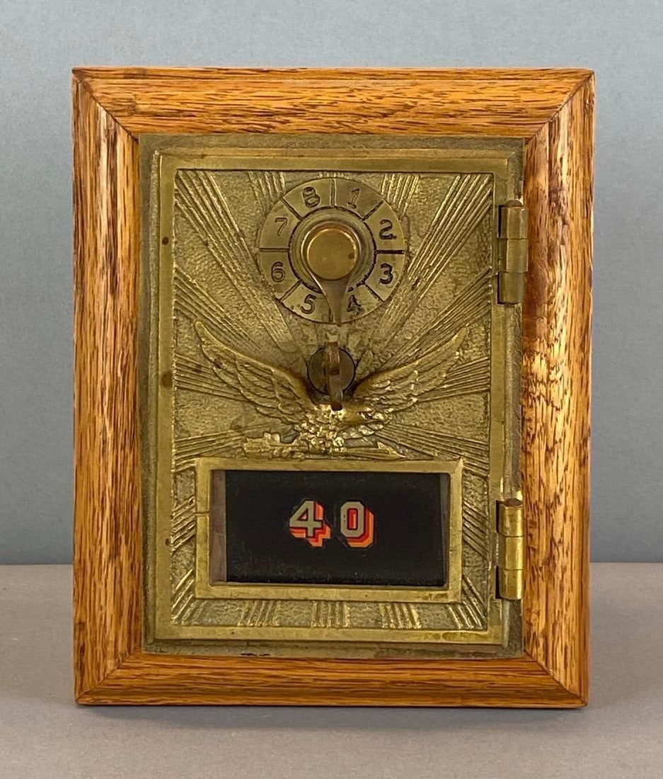 Antique US Post Office Box Door Federal Eagle Coin Bank: Box # 40, code shown on base, lock needs oil, measures 6 1/2” H x 5” W x 5” D