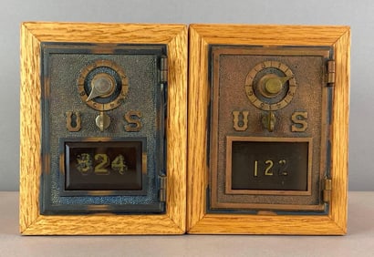 Group of 2 Antique US Post Office Box Door Coin Banks