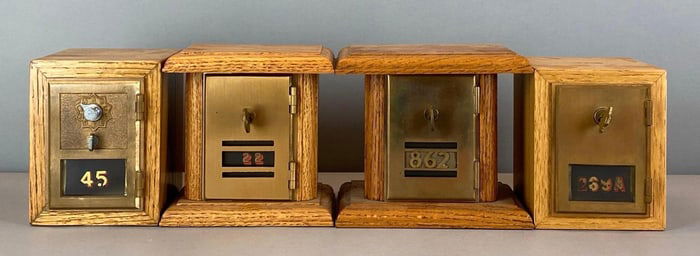 Group of 4 Antique US Post Office Box Door Coin Banks