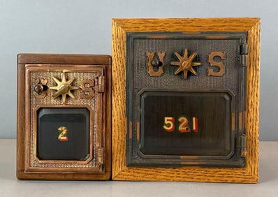 Group of 2 Antique US Post Office Box Door Coin Banks