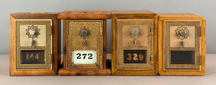 Group of 4 Antique US Post Office Box Door Coin Banks